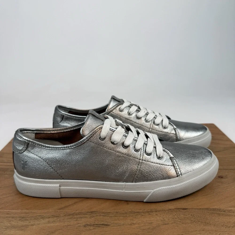 New Womens Frye Gia Pewter Metallic Leather Sneakers Shoes Size 9 M‎
